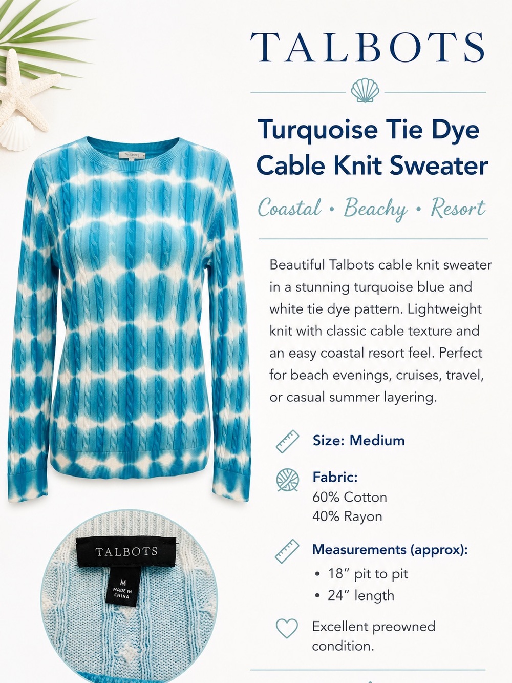 Talbots Coastal Tie Dye Cable Knit Sweater M Turquoise Blue White